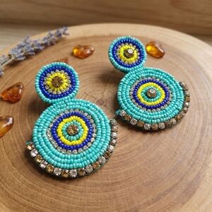 Handcrafted Turquoise Seed Bead Earrings Yellow Rhinestone Boho Statement Dangle